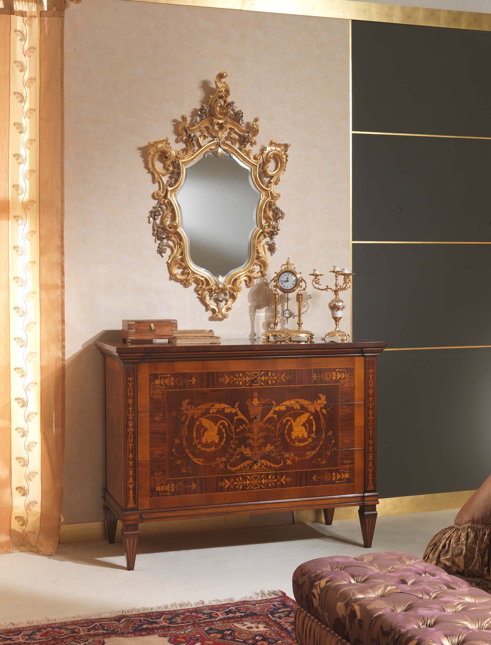 Classic italian bedroom 18th century, carved chest of drawers and wall
