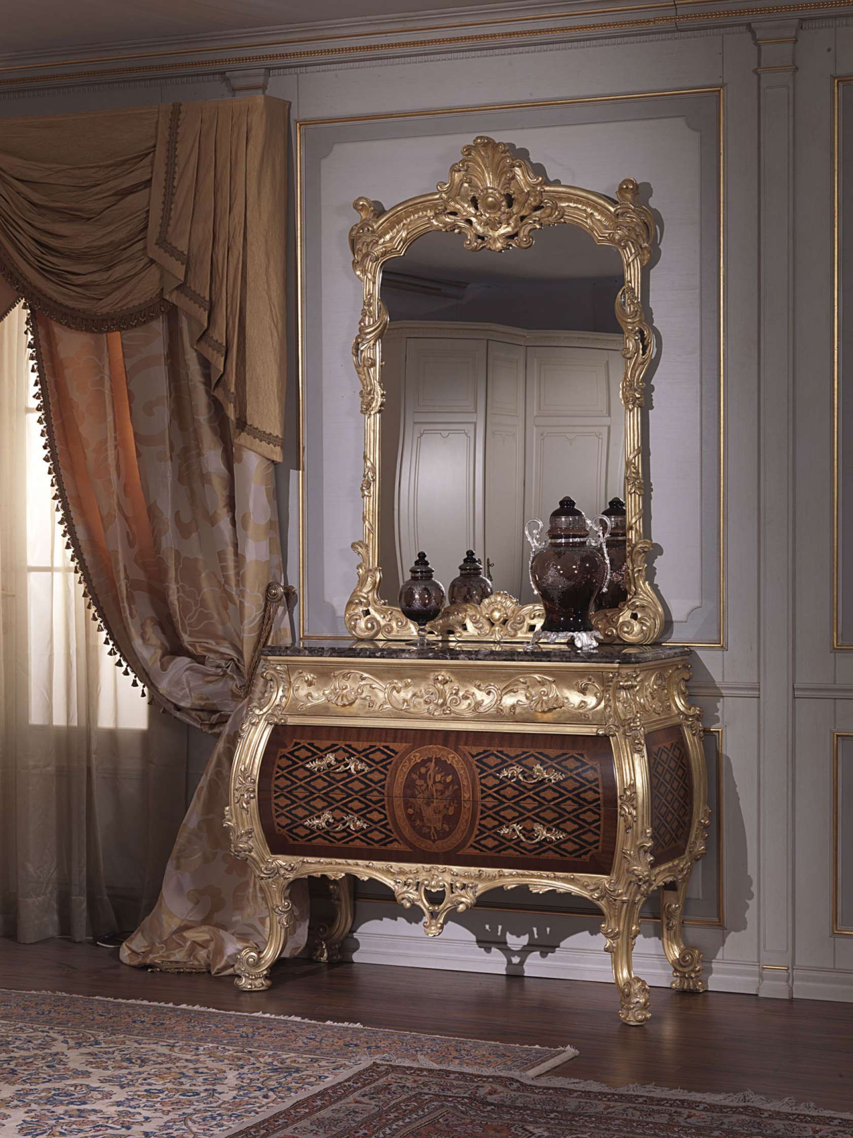 Italian Louis XV style Patinated Off White carved and parcel gilt-wood  Palatial Bedroom Set