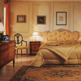 Maggiolini night collection: bed capitonné headboard, decapé walnut finish, walnut and olivewood night table and chest of drawers, antique finish