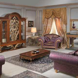 Luigi XVI style Versailles living room, myrtle briar glass showcase with carvings, inlayed and carved table, Excelsior sofa and armchairs with carvings, carved console with marble top and carved wall mirror