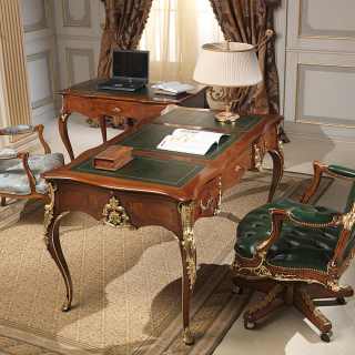 Classic studio Luigi style composed by desk, writing table, armchairs. Walnut antique finish, handmade carvings, gold leaf details