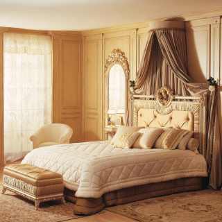 Classic bed Louvre and wall mirrors, white over gold finish, capitonné bench, walnut chest of drawers