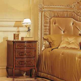 Luxury classic bedroom Louvre, walnut night table, capitonné bed with golden carvings, white over gold finish