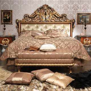 Classic bedroom Emperador Black, carved wood, black and gold leaf finish, carved night table, upholstered capitonné bench