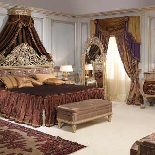 Classic bedroom Emperador Gold, Luigi XV style, walnut and grey patinated gold finish