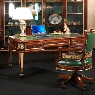 Ermitage office Impero style: mahogany writing table, leather top, gold leaf details; swivel leather and mahogany armchair, gold leaf details