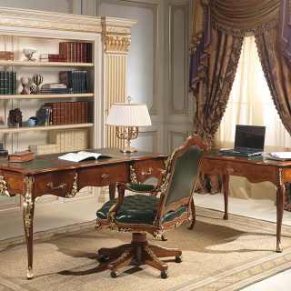 Luigi XV style classic studio: desk and writing table Louis XV style, gold leaf details, walnut antique finish