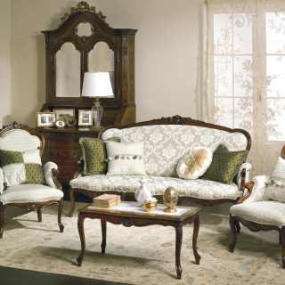 Classic living room Carlotta with carved wooden sofa and armchairs