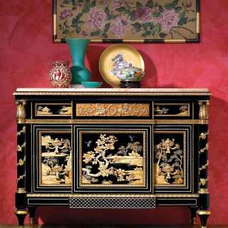 China black lacquered chest of drawers, gold leaf details, Valencia Cream marble top