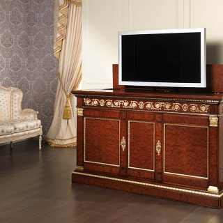 Mahogany TV holder with brass decorations and gold leaf details