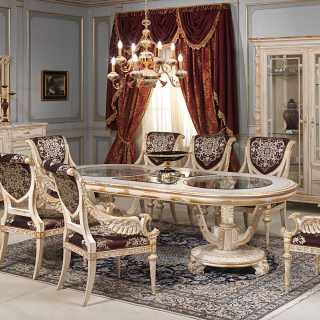 Luigi XVI style dining room, white and gold collection: oval table, carved chairs, sideboard with mirror and glass showcase. All white over gold finish