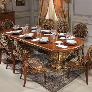 Luxury classic collection Versailles, Luigi XVI style: myrtle briar table. walnut and gold leaf finish; carved and upholstered chairs