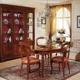 800 francese style dining room: inalyed glass showcase and table, carved chairs, all walnut wood
