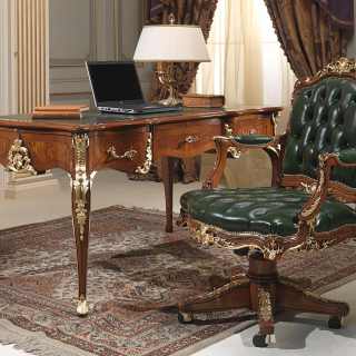Luxury classic studio Louis XV style: carved desk and armchair, walnut antique finish, gold leaf details