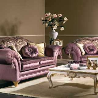 Classic living room with sofa and armchair Excelsior, purple and flower fabric finish