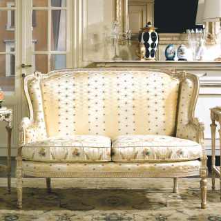 Classic sofa San Marco collection, ivory fabric finish,carved details, white over gold finish