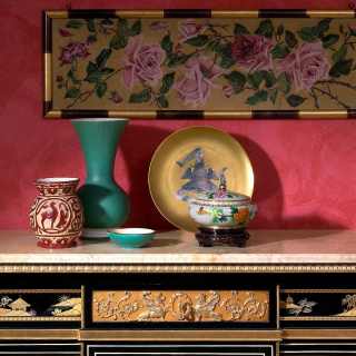 China black lacquered chest of drawers, gold leaf details, Valencia Cream marble top, Luigi XV style