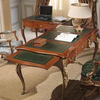 Louis XV classic luxury writing desk, walnut antique finish and gold leaf details. Classic lusxury furniture made in Italy