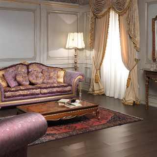 Classic living room Imperial, purple fabric finish. Carved and golden details and cymatium. Walnut carved table