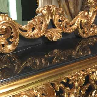 Carved console 600 italiano baroque style with wall mirror, black marble top, rich handmade carvings