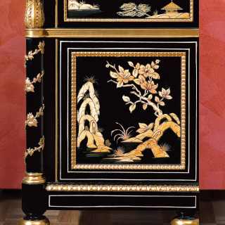 China black lacquered night table, Luigi XV style, gold leaf details, marble top