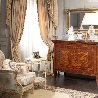 I Maggiolini classic luxury collection: inlayed walnut chest of drawers, wall mirror gold leaf finish, upholstered armchair