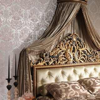 Classic bedroom Emperador Black, carved and capitonné bed, carved wall tester, black and gold leaf