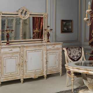 Sideboard with carved mirror Luigi XVI style, White and gold collection, white over gold finish