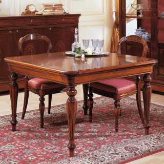 800 francese style dining room: walnut extensible square table, carved and inlayed chairs, inlayed sideboard and glass showcase