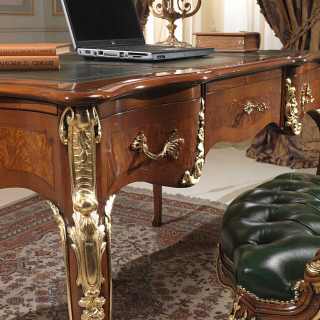 Classic Louis XV style writing desk with handmade carvings, walnut antique finish and gold leaf details