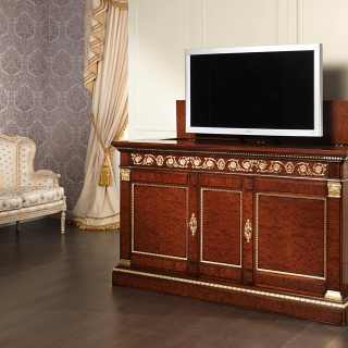 Mahogany TV holder with elevator, brass decorations and gold leaf details. Classic luxury collection Ermitage Impero style