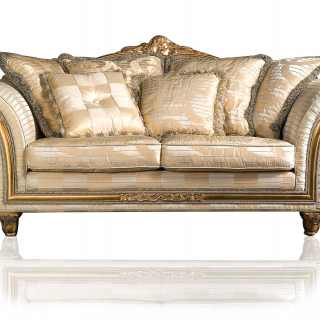 Classic sofa Imperial collection, ivory fabric finish. Carved and golden details and cymatium