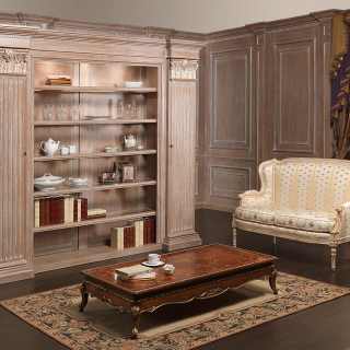 Classic bookcase unit with five shelves, carved columns and capitals, gold decorations