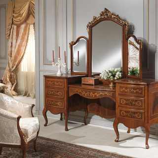 Dressing table with mirror, walnut antique finish, classic bedroom collection Louvre