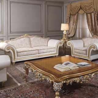 Classic living room Imperial with sofa and armchairs made of leather and fabric, carved table gold and silver leaf finish