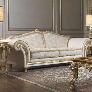 Classic two seater sofa leather and fabric finish, carved and golden details and cymatium