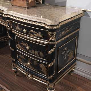 China black lacquered chest of drawers with mirror, Luigi XV style, gold leaf details, marble top
