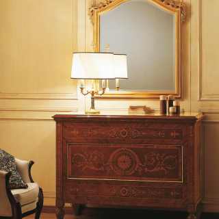 camera classica lusso maggiolini, comò legno noce palissandro, comò intarsiato, specchiera oro foglia, specchiera intagliata, mobili classici lusso
