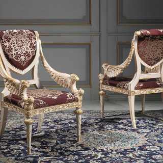 Luigi XVI style carved chairs, white over gold finish. Classic luxury furniture White and Gold
