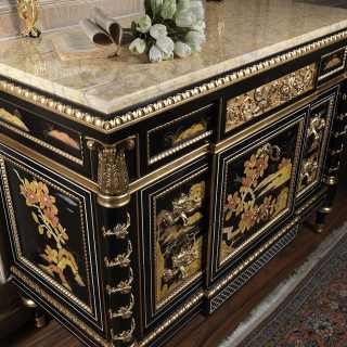 Chest of drawers with marble top in chinese style, black lacquered with hand decorations