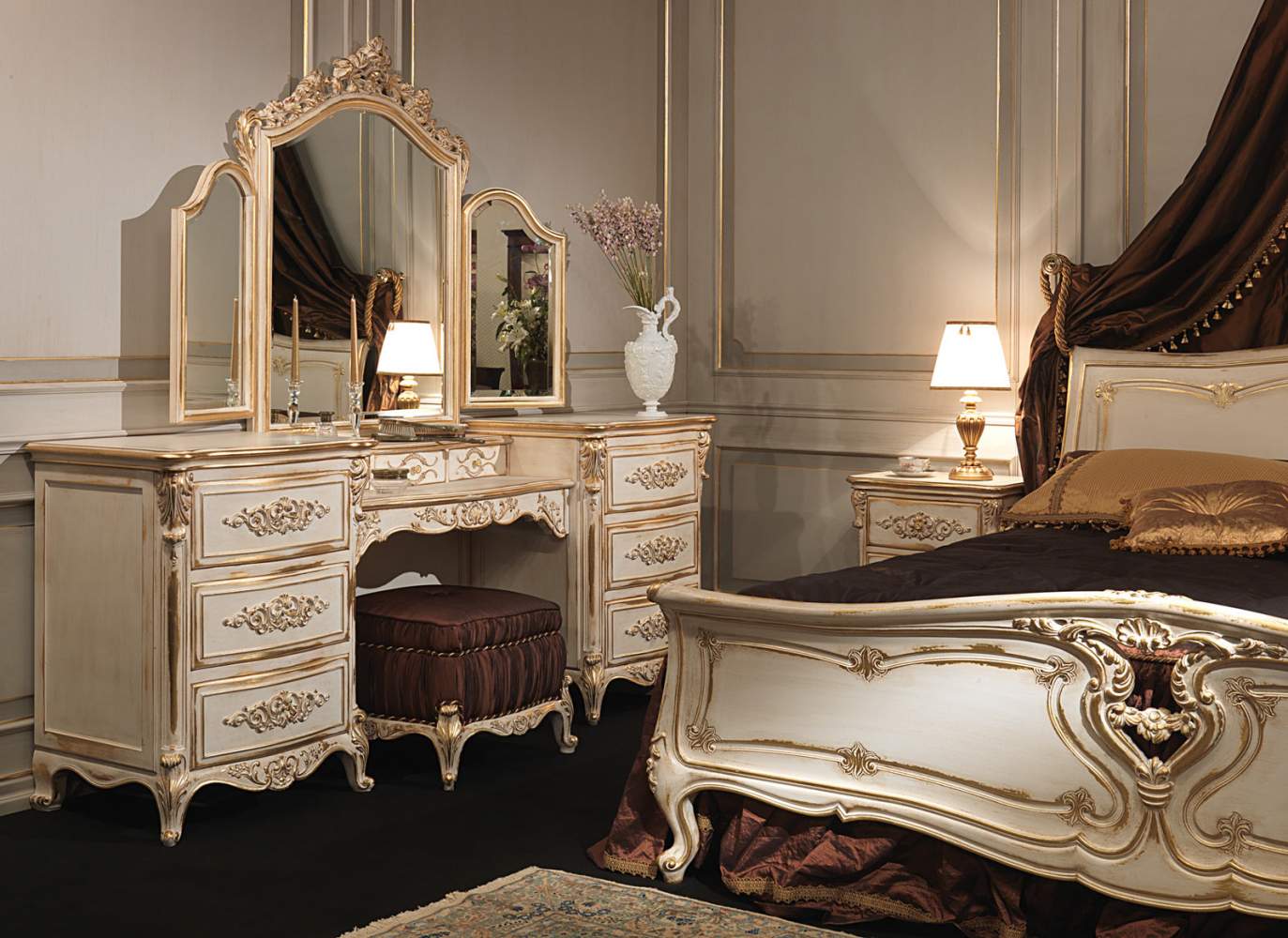 Classic Louis XVI bedroom, carved wood bed, dressing table with mirror in carved wood, padded pouf