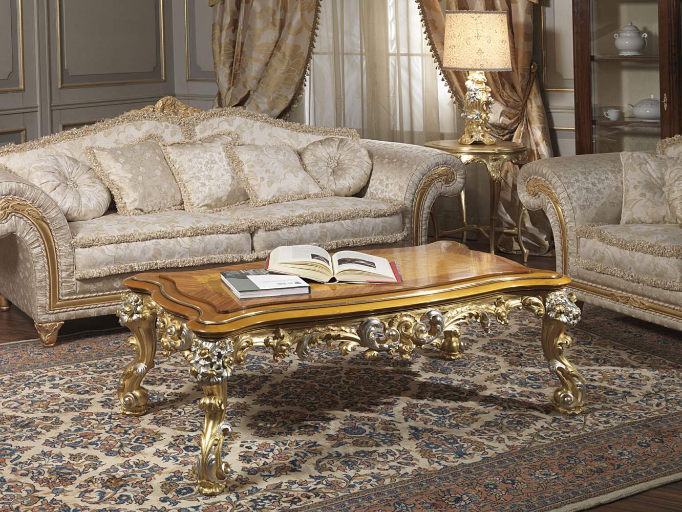 Imperial sofa in fabric with carved table