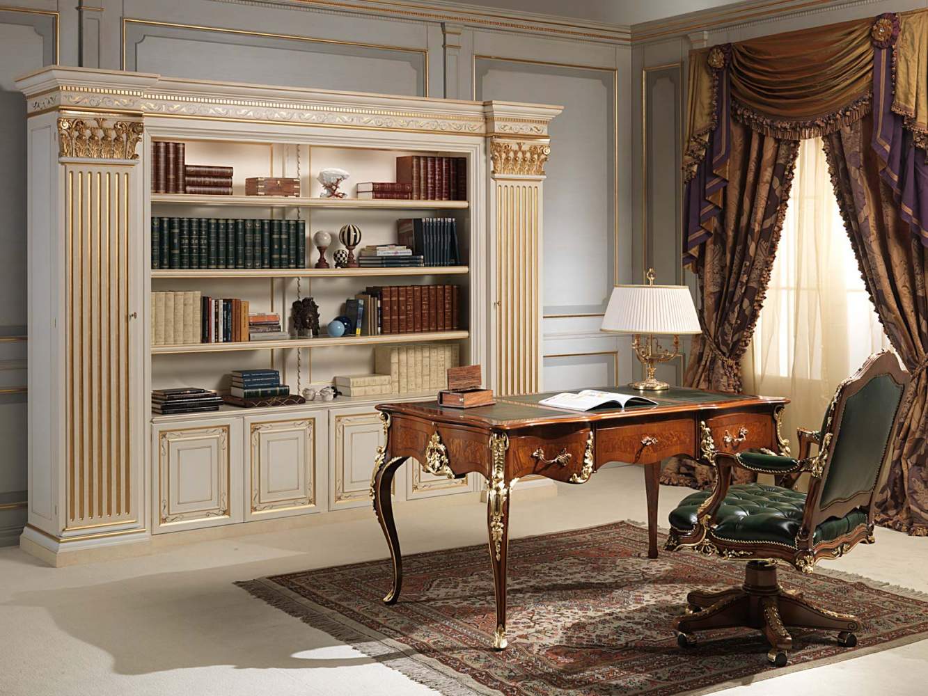 Writing table and armchair Louis XV with classic bookcase