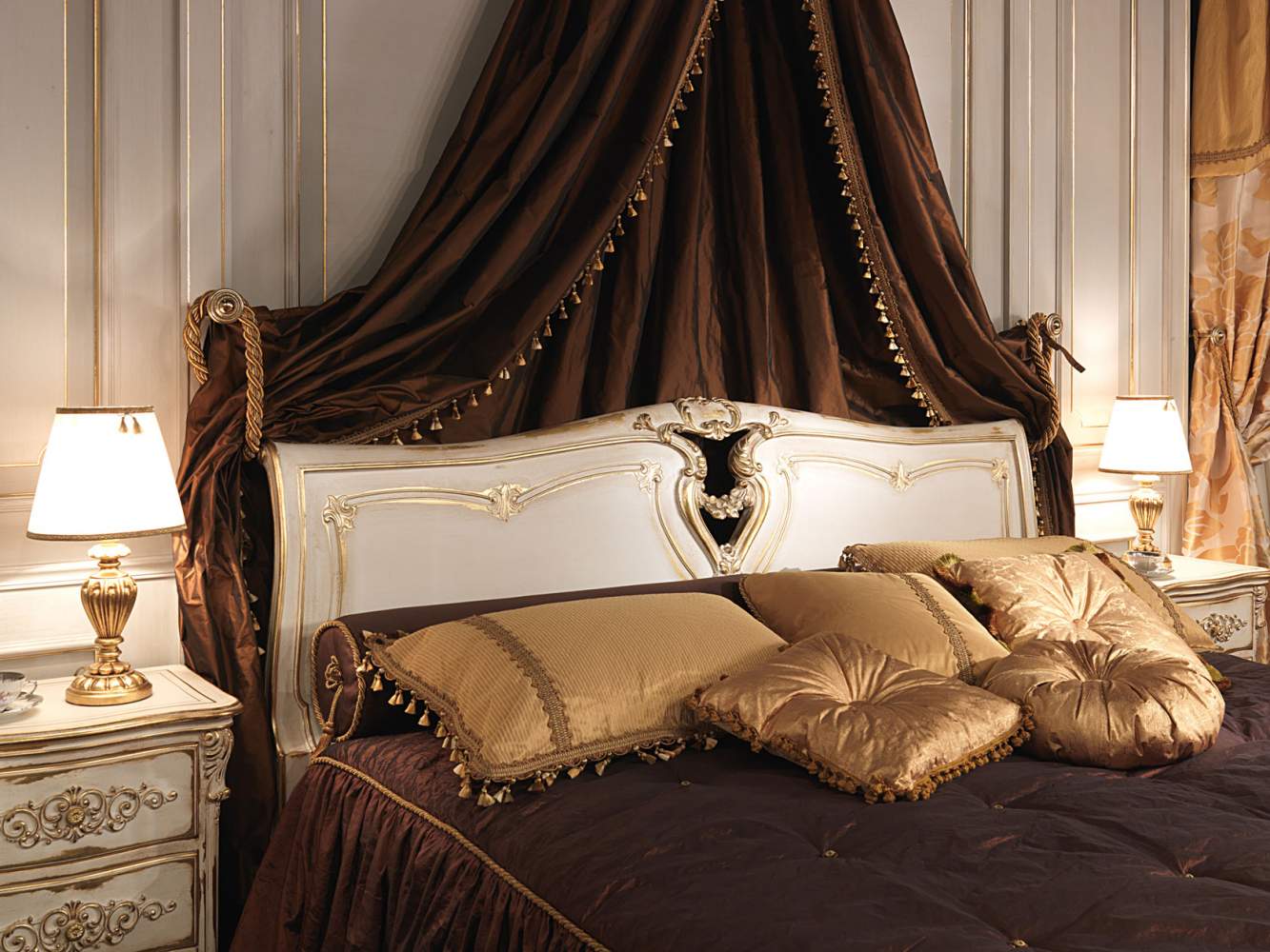 Classic Louis XVI bedroom, carved bed with wall baldaquin. Carved and golden night table