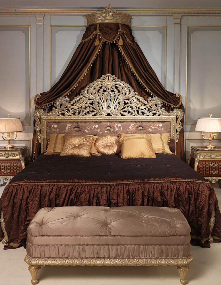 Emperador Gold in Louis XV bedroom with carved bed