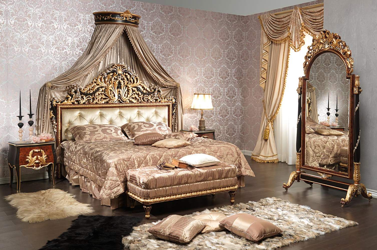 Classic Emperador Black bedroom in carved wood, black and gold leaf, bed and mirror on wheels