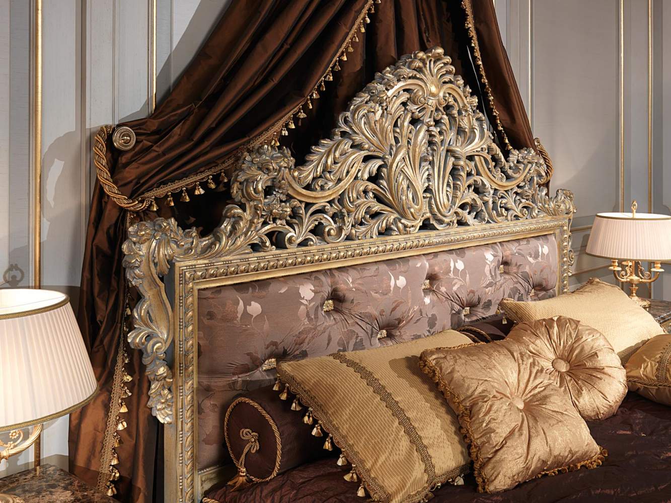 Classic Louis XV Emperador Gold bedroom. Capitonnè headboard with carvings