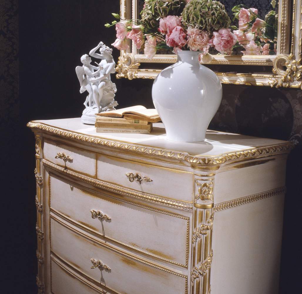 Classic Louis XVI bedroom ,chest of drawers and wall mirror in hand carved wood, white over gold finishing