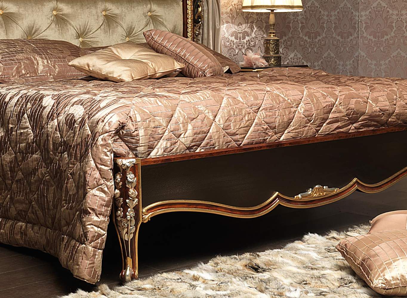Classic Emperador Black bedroom, carved bed with floral carvings