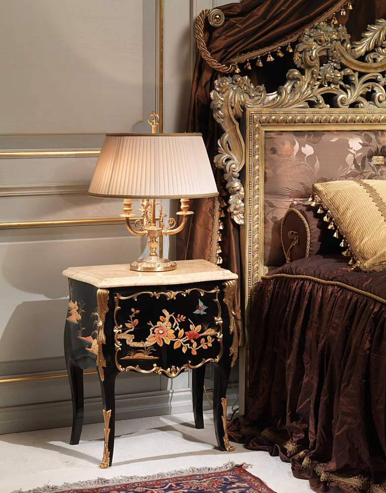 Classic Emperador Gold bedroom, black inlaid bedside table